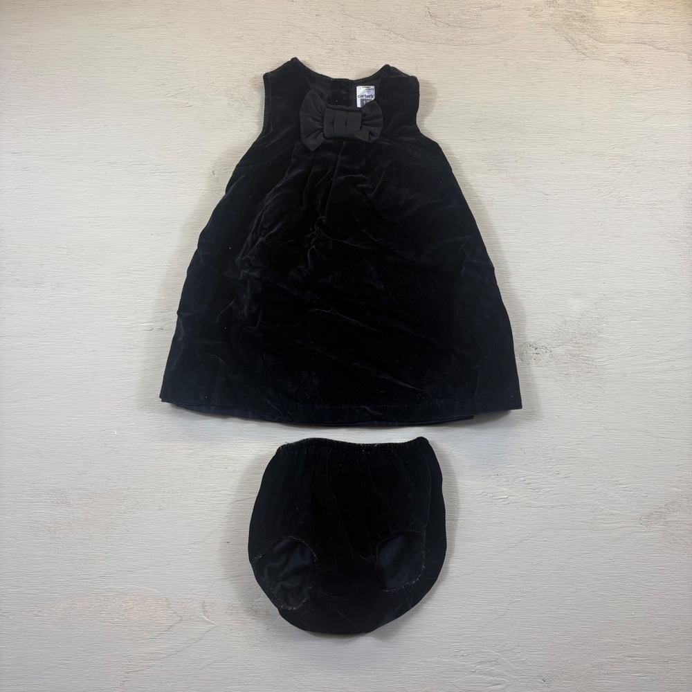 Carters Baby Girl 12 Months Black Velvet Dress Diaper Cover Set Bow Holiday